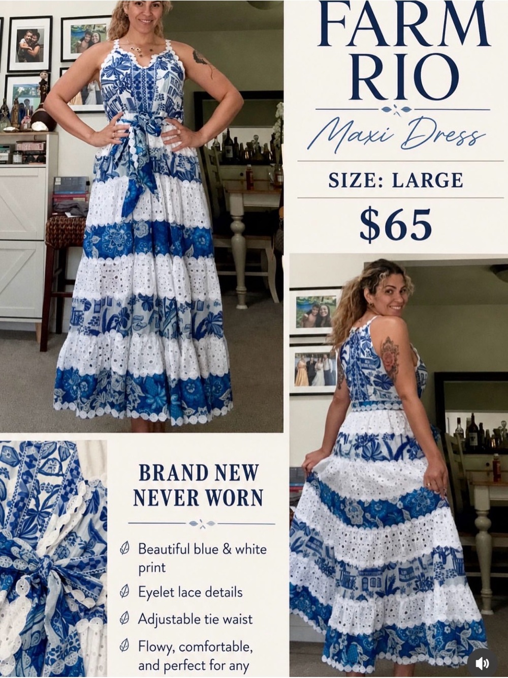 FARM Rio Blue & White Tiered Eyelet Maxi Dress